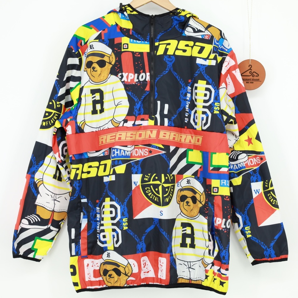 Reason Brand Mens 2XL Multi Color Graphic Bear Half Zip Windbreaker Jacket NWT